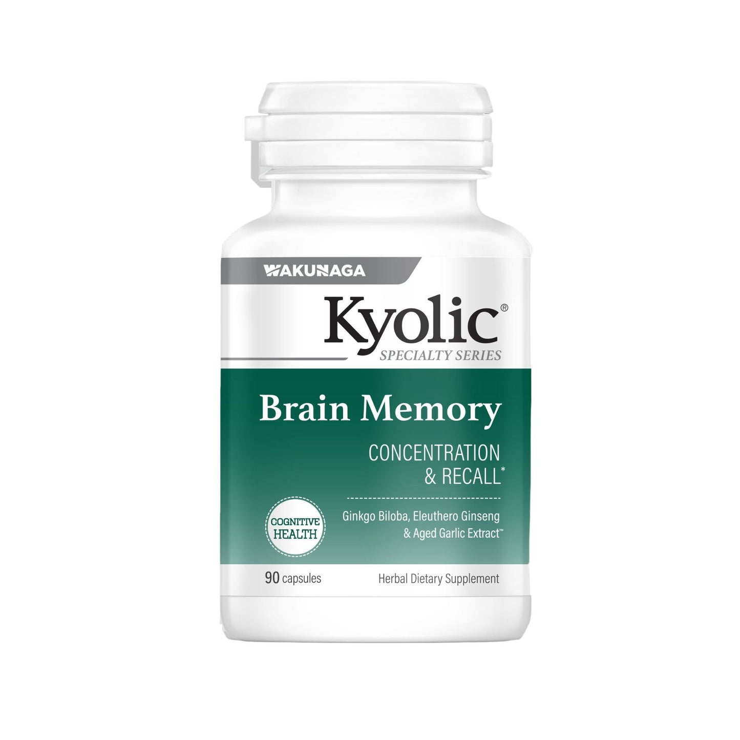 Frasco branco de Brain Memory Kyolic, suplemento alimentar em embalagem de 90 cápsulas, com rótulo verde e branco.