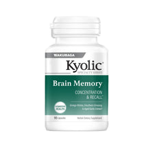 Frasco branco de Brain Memory Kyolic, suplemento alimentar em embalagem de 90 cápsulas, com rótulo verde e branco.