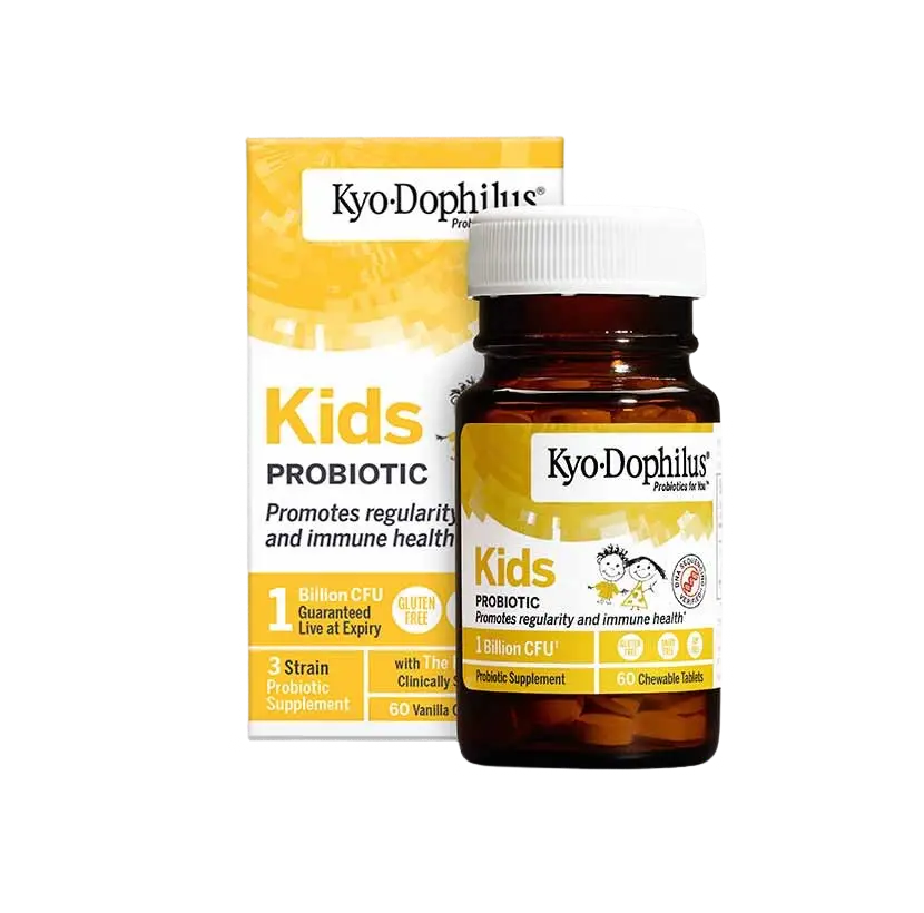 Embalagem amarela e frasco castanho de Kyo-Dophilus Kids Probiotic, com 60 comprimidos mastigáveis de baunilha.