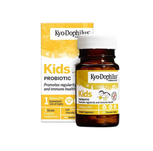 Embalagem amarela e frasco castanho de Kyo-Dophilus Kids Probiotic, com 60 comprimidos mastigáveis de baunilha.