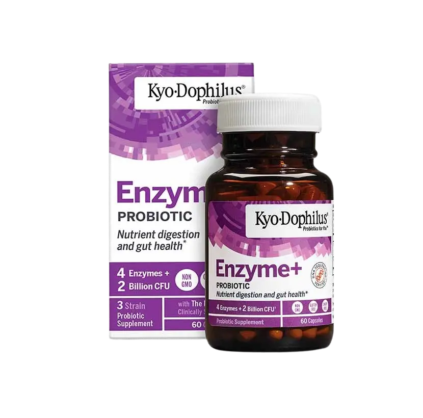 Frasco âmbar de Kyo-Dophilus Enzyme+ Probiotic com tampa branca, apresentado em frente à embalagem roxa e branca de 60 cápsulas.