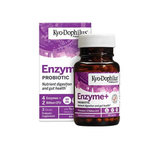 Frasco âmbar de Kyo-Dophilus Enzyme+ Probiotic com tampa branca, apresentado em frente à embalagem roxa e branca de 60 cápsulas.