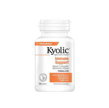 Frasco branco de Kyolic Immune Support, com rótulo branco e laranja, contendo 100 cápsulas.
