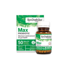 Embalagem e frasco de Kyo-Dophilus Max Probiotic, suplemento probiótico com 30 cápsulas vegetais.