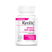 Frasco branco de Kyolic Fórmula 105 Detox & Anti-Aging, com tampa branca e rótulo branco e rosa, 100 cápsulas.