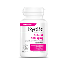 Frasco branco de Kyolic Fórmula 105 Detox & Anti-Aging, com tampa branca, rótulo branco e rosa e 100 cápsulas.