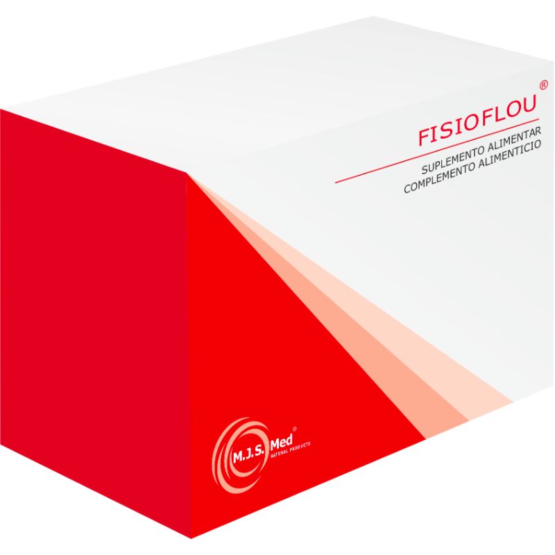 Embalagem do suplemento alimentar Fisioflou da M.J.S. Med com design em tons de vermelho e branco, caixa de 60 cápsulas.
