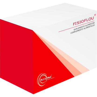 Embalagem do suplemento alimentar Fisioflou da M.J.S. Med com design em tons de vermelho e branco, caixa de 60 cápsulas.