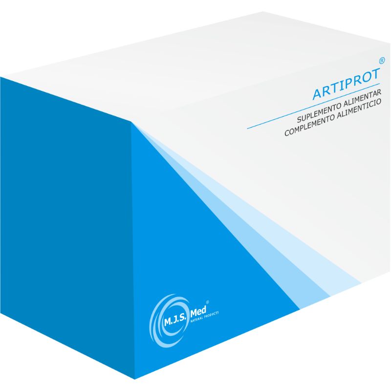 Embalagem de ARTIPROT® M.J.S. Med, suplemento alimentar em caixa branca e azul, com 30 cápsulas e 30 saquetas.