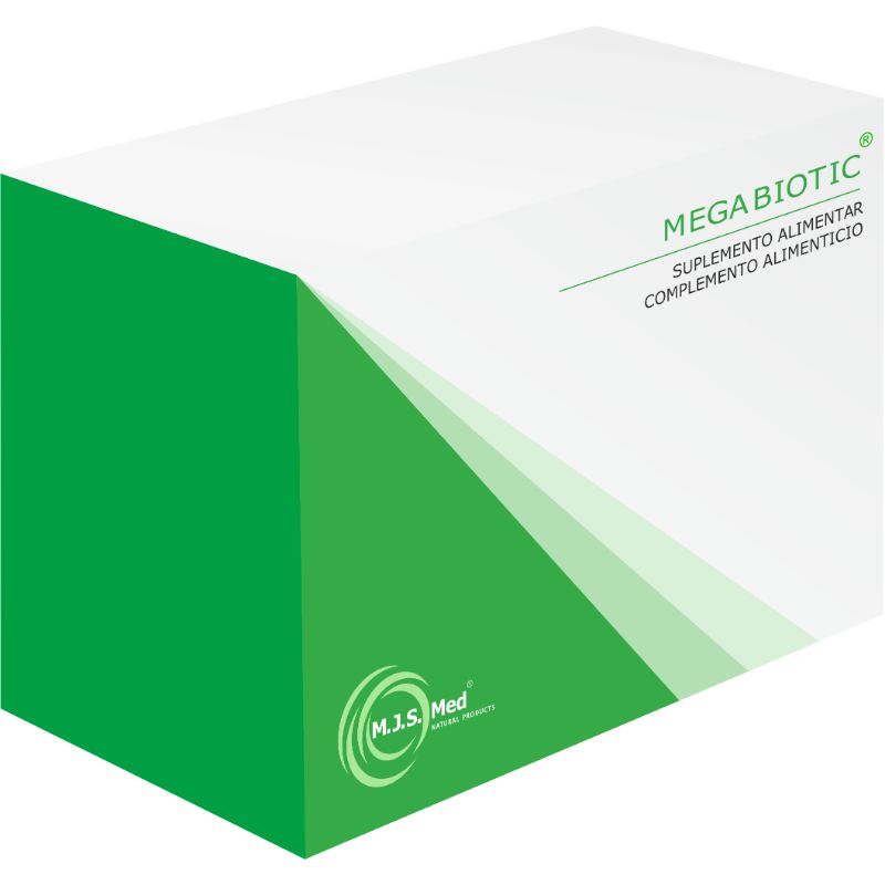 Embalagem branca e verde de MEGABIOTIC M.J.S. Med, suplemento alimentar em caixa de 30 saquetas.