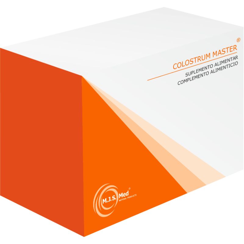 Embalagem branca e laranja de COLOSTRUM MASTER® M.J.S. Med, suplemento alimentar de colostro bovino, com 60 cápsulas.