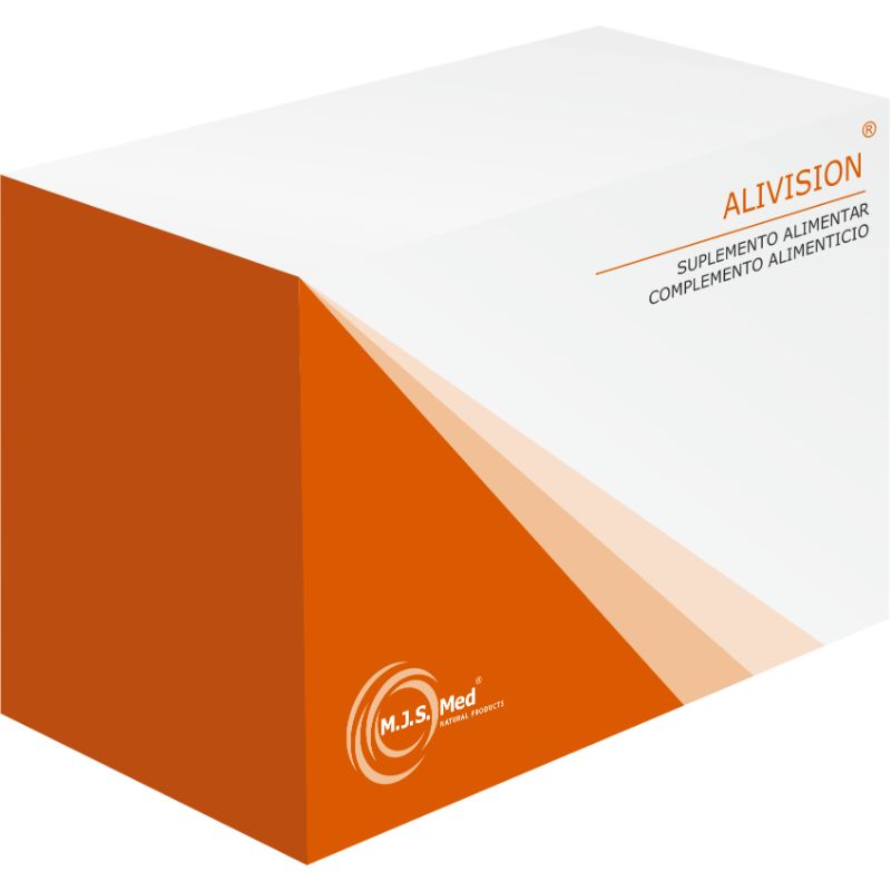 Embalagem branca e laranja de ALIVISION suplemento alimentar, M.J.S. Med, 60 cápsulas.