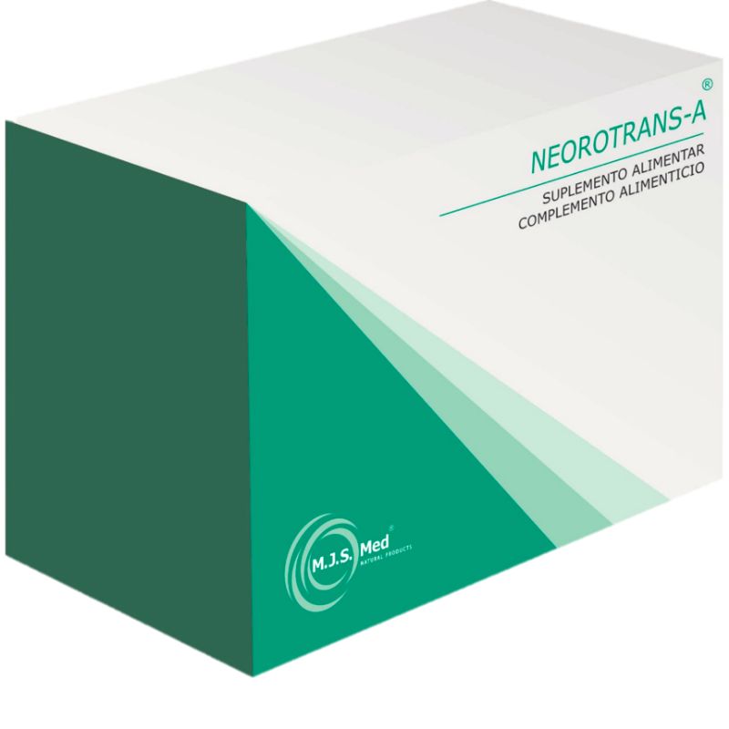Embalagem retangular branca de NEOROTRANS-A, suplemento alimentar, com grafismo geométrico em tons de verde e logótipo M.J.S. Med.