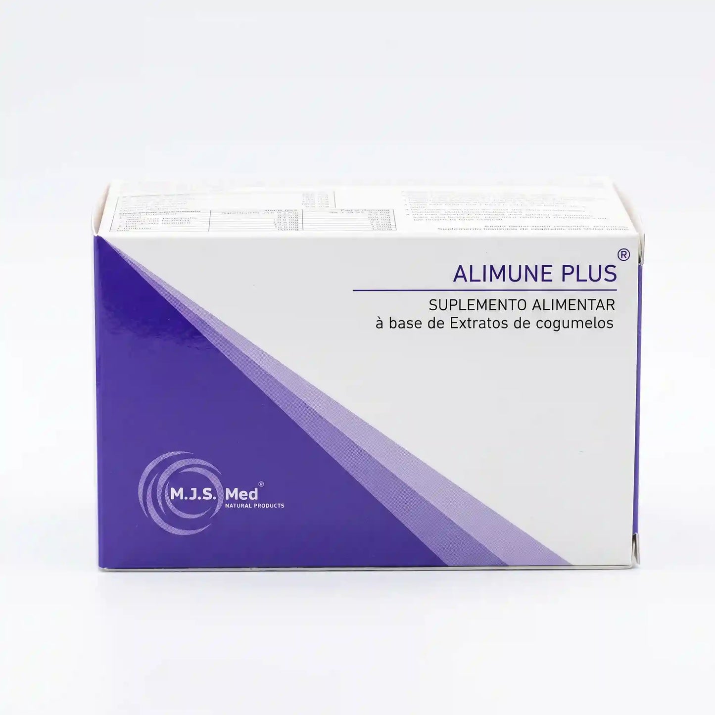 Embalagem do suplemento alimentar Alimune Plus da M.J.S. Med, à base de extratos de cogumelos, em caixa branca e roxa sobre fundo claro