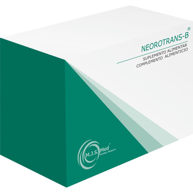 Embalagem branca e verde de NEOROTRANS-B da M.J.S. Med, suplemento alimentar em cápsulas.