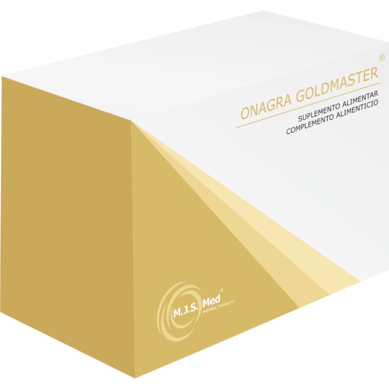 Embalagem branca e dourada de Onagra Goldmaster, suplemento alimentar da M.J.S. Med, com 60 cápsulas moles.