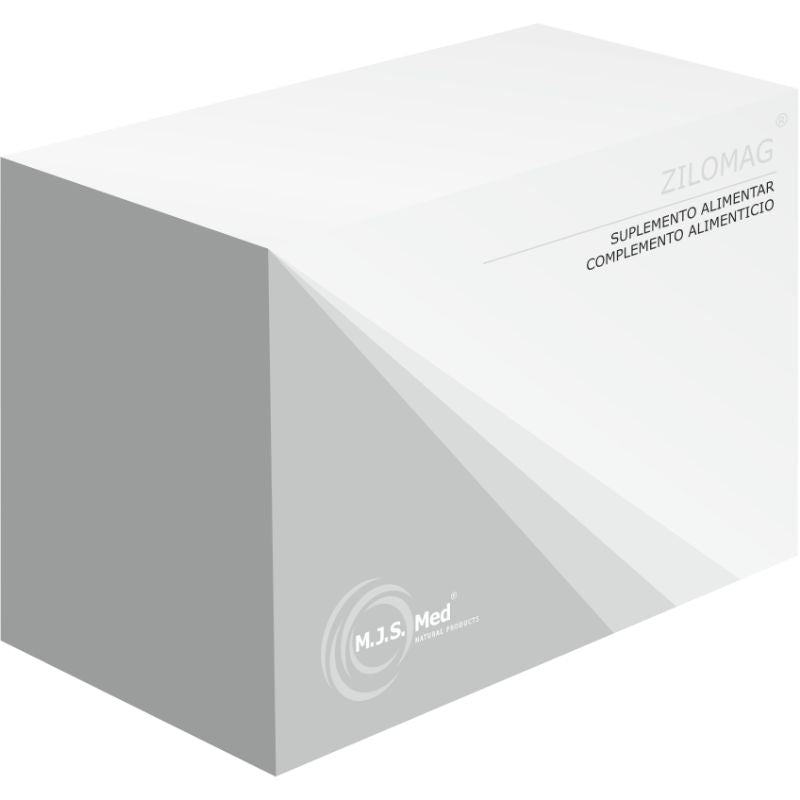 Embalagem branca e cinzenta de ZILOMAG, suplemento alimentar em caixa de 60 cápsulas.