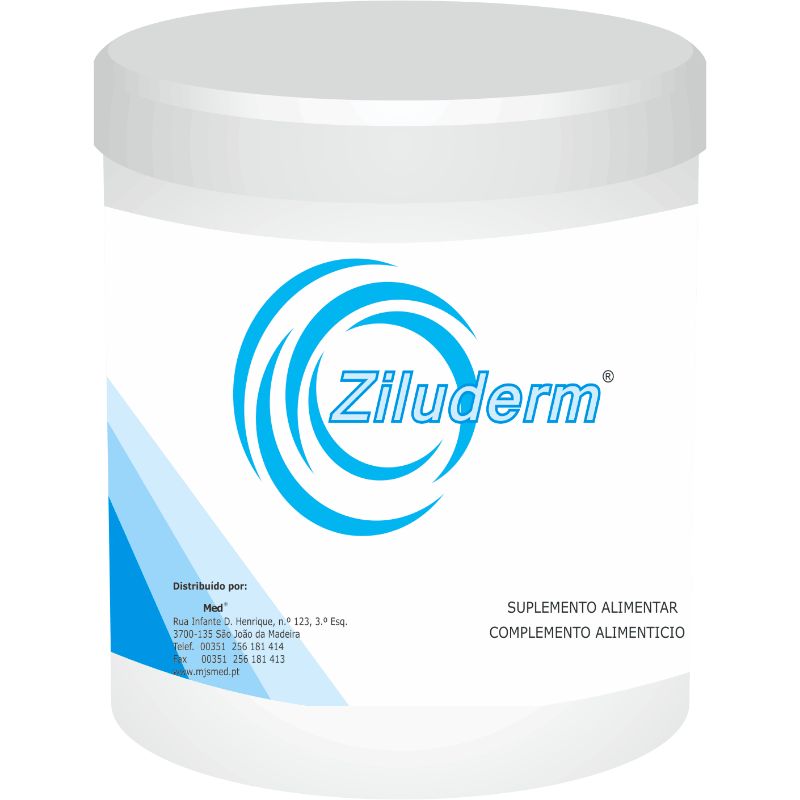 Embalagem cilíndrica branca de Ziluderm, suplemento alimentar em pó, com tampa branca e logótipo azul na frente.
