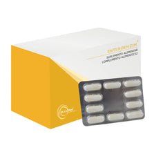 Embalagem branca e amarela de ENTEROENZIM M.J.S. Med, suplemento alimentar, com blister de cápsulas brancas visível à frente.