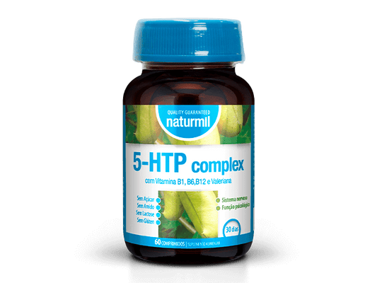 Frasco de vidro castanho com tampa e rótulo azul com informação 5-HTP complex da Naturmil