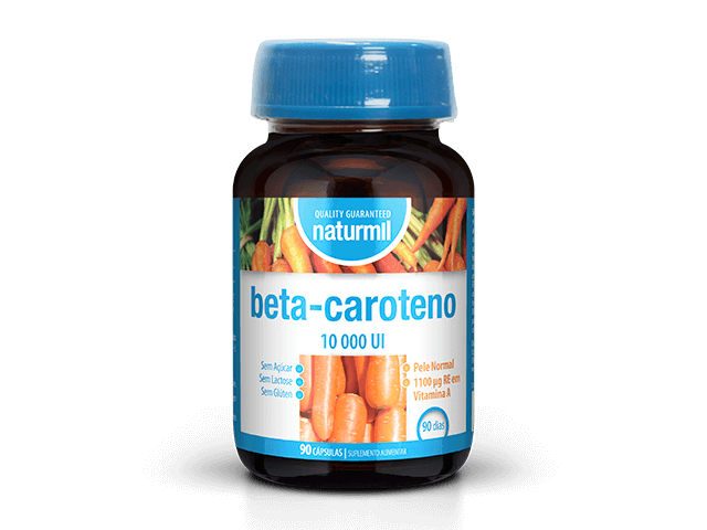 Frasco vidro com tampa e rótulo azul - Beta-caroteno da Naturmil
