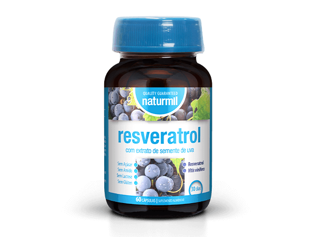 Frasco de vidro castanho com tampa e rótulo azul com indicação Resveratrol da Naturmil
