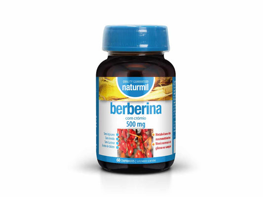 Frasco castanho com tampa azul do suplemento Naturmil Berberina 500 mg com crómio, rótulo branco e azul com imagem de bagas vermelhas, indicação de sem açúcares, sem glúten e apoio ao metabolismo dos macronutrientes e glicemia