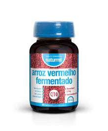 Frasco de suplemento alimentar Naturmil Arroz Vermelho Fermentado com 60 comprimidos. Rótulo destaca a presença de Monacolina K (2,5 mg), Coenzima Q10, e ausência de açúcar, amido, lactose e glúten. Tampa azul e fundo com grãos vermelhos.