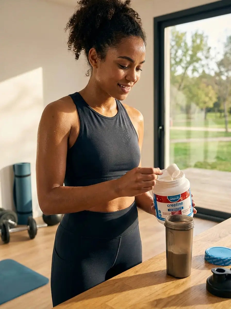 Mulher em equipamento de desporto a preparar a creatina Monohidratada Naturmil para tomar.