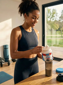Mulher em equipamento de desporto a preparar a creatina Monohidratada Naturmil para tomar.