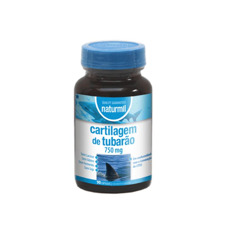 Cartilagem de Tubarão 750 mg Naturmil 90 cápsulas para conforto articular e mobilidade.