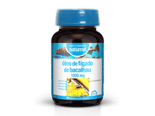 Frasco castanho de Óleo de Fígado de Bacalhau 1000 mg Naturmil, com tampa azul e 90 cápsulas.