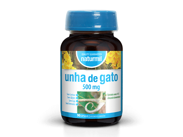 Frasco castanho de Unha de Gato 500 mg Naturmil, com tampa azul e 90 cápsulas.