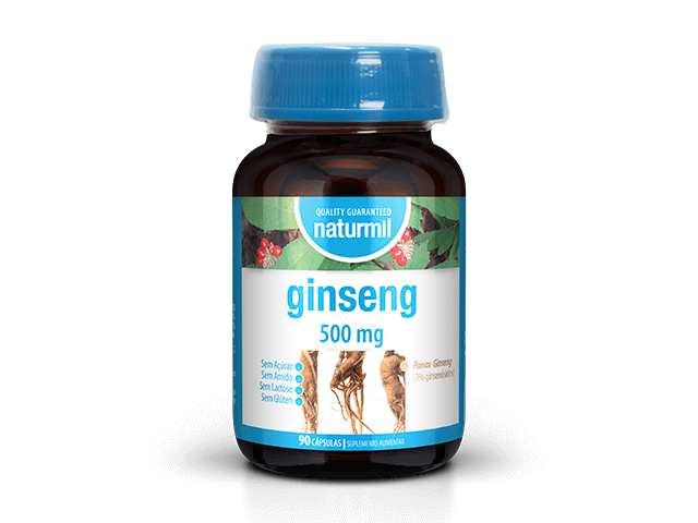Frasco castanho de Ginseng 500 mg Naturmil com tampa azul e rótulo branco, verde e azul, contendo 90 cápsulas.