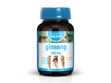 Frasco castanho de Ginseng 500 mg Naturmil com tampa azul e rótulo branco, verde e azul, contendo 90 cápsulas.