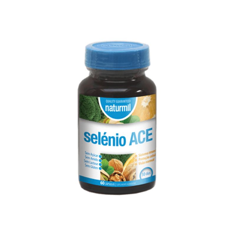 Selénio ACE Naturmil 60 cápsulas com vitaminas A, C, E, selénio e óleo de borragem para apoio do sistema imunitário e ação antioxidante.