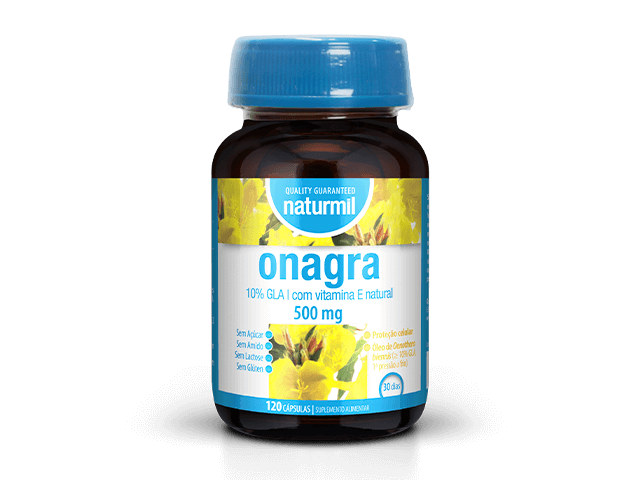 Frasco castanho de Onagra 500 mg Naturmil, com tampa azul e rótulo amarelo e branco, apresentação de 120 cápsulas.