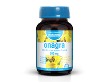 Frasco castanho de Onagra 500 mg Naturmil, com tampa azul e rótulo amarelo e branco, apresentação de 120 cápsulas.