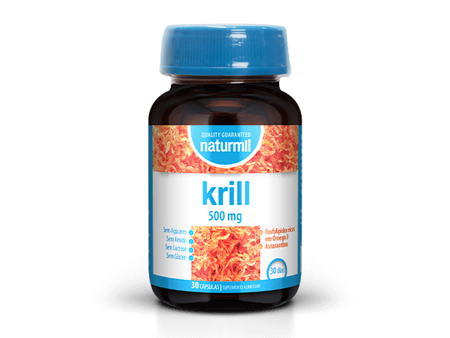 Frasco castanho de Krill 500 mg Naturmil com tampa azul, contendo 30 cápsulas.