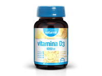 Frasco castanho de Vitamina D3 4000 U.I. Naturmil, com tampa azul e rótulo amarelo e azul, embalagem de 60 cápsulas.