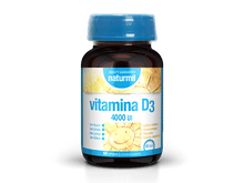 Frasco castanho de Vitamina D3 4000 U.I. Naturmil, com tampa azul e rótulo amarelo e azul, embalagem de 60 cápsulas.