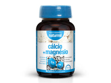 Frasco castanho de Cálcio + Magnésio Naturmil, com tampa azul e rótulo branco e azul, contendo 90 comprimidos.
