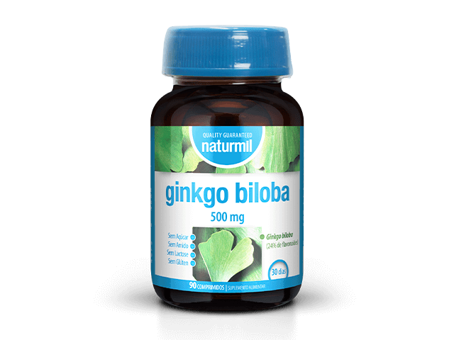 Frasco castanho de Ginkgo Biloba 500 mg Naturmil, com tampa azul e rótulo branco e verde, embalagem de 90 comprimidos.