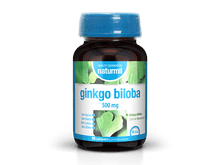 Frasco castanho de Ginkgo Biloba 500 mg Naturmil, com tampa azul e rótulo branco e verde, embalagem de 90 comprimidos.
