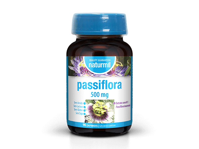 Frasco castanho de Passiflora 500 mg Naturmil, com tampa azul e rótulo branco, azul e roxo, 90 comprimidos.