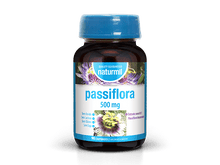 Frasco castanho de Passiflora 500 mg Naturmil, com tampa azul e rótulo branco, azul e roxo, 90 comprimidos.