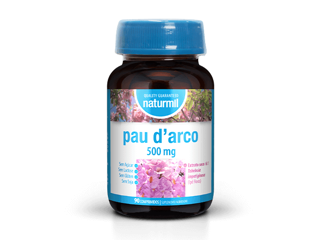 Frasco castanho de Pau d’Arco 500 mg Naturmil, com tampa azul e rótulo azul, branco e rosa, contendo 90 comprimidos.