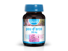 Frasco castanho de Pau d’Arco 500 mg Naturmil, com tampa azul e rótulo azul, branco e rosa, contendo 90 comprimidos.
