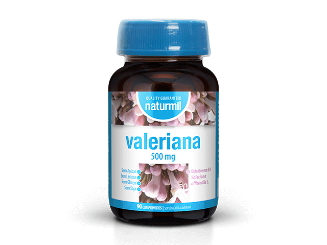 Frasco castanho de Valeriana 500 mg Naturmil, com tampa azul e rótulo azul e branco, contendo 90 comprimidos.