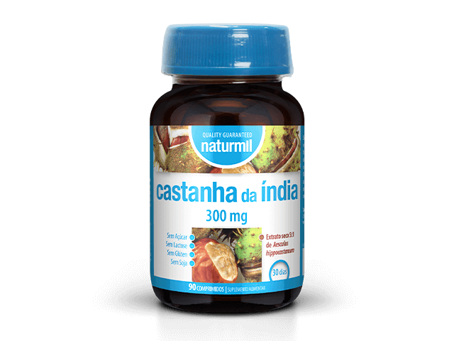 Frasco de Castanha-da-Índia 300 mg Naturmil, com 90 comprimidos, embalagem castanha com tampa azul e rótulo branco.